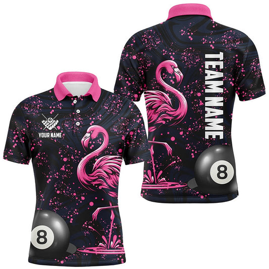 Pink Grunge Flamingo 8 Ball Pool Billiard Shirts Custom Unique Billiard Polo Apparel, Billiard Team Polo Shirts