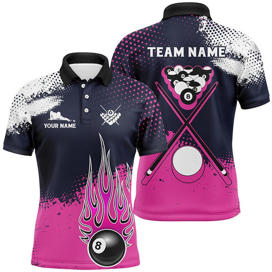 Pink Grunge Paint Splatter Custom Billiard Shirts, 8 Ball Billiard Team Shirts Pool Polo, Billiard Team Polo Shirts