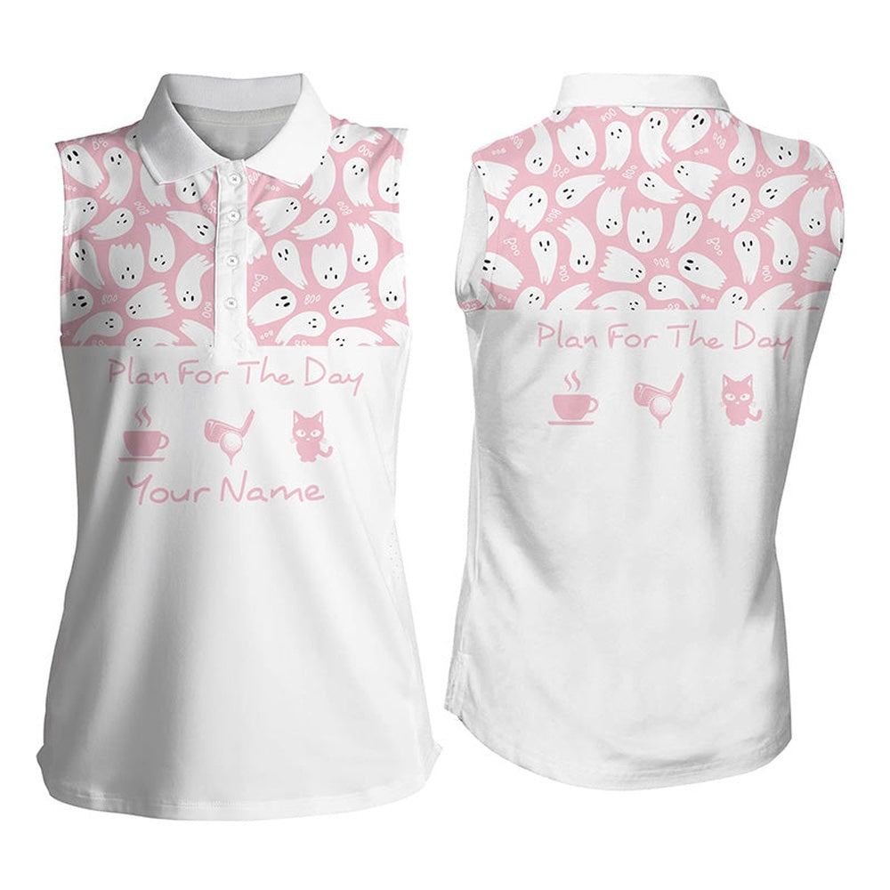 Pink Halloween Womens Sleeveless Golf Shirt Cute Ghost Golf Shirts Cute Halloween Golf Gift, Women Golf Shirts