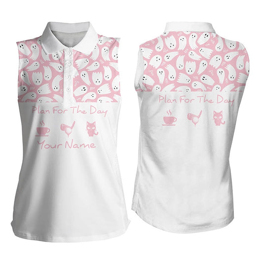 Pink Halloween Womens Sleeveless Golf Shirt Cute Ghost Golf Shirts Cute Halloween Golf Gift, Women Golf Shirts
