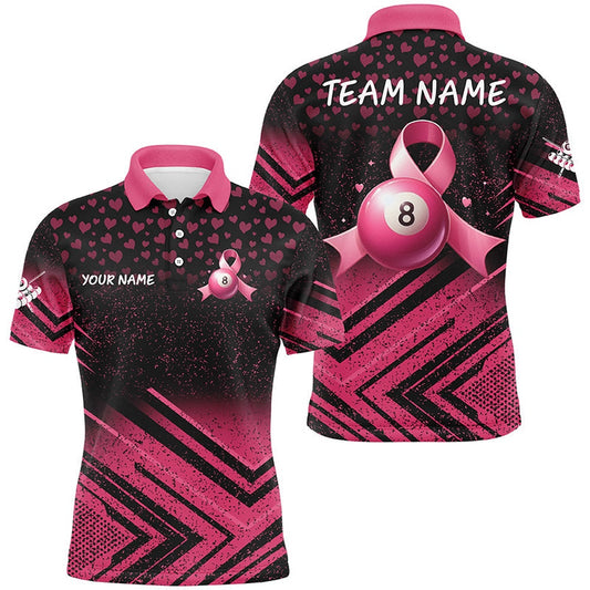 Pink Ribbon 8 Ball Pool Custom Grunge Style Billiard Shirts, Breast Cancer Billiard Polo, Billiard Team Polo Shirts