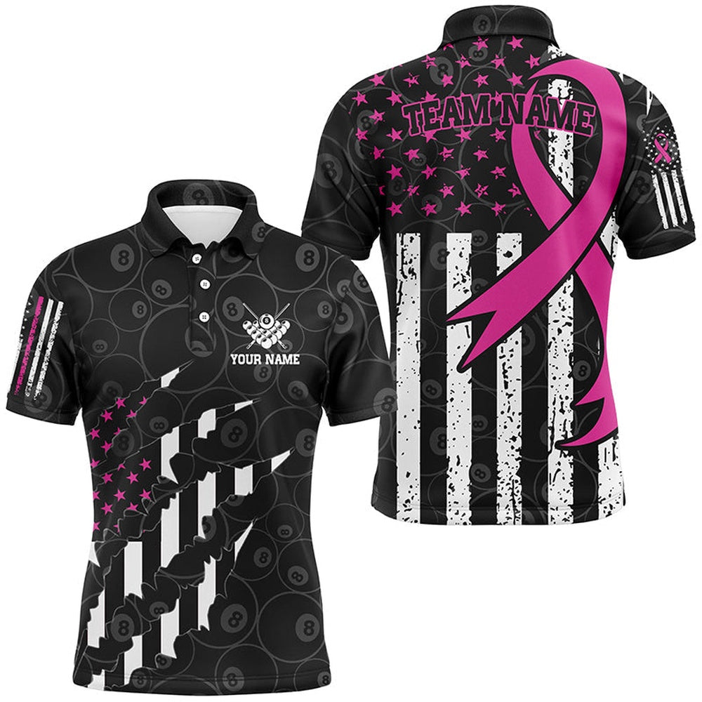 Pink Ribbon American Flag Custom Patriotic Billiard Polo, Breast Cancer Billiard Shirts, Billiard Team Polo Shirts
