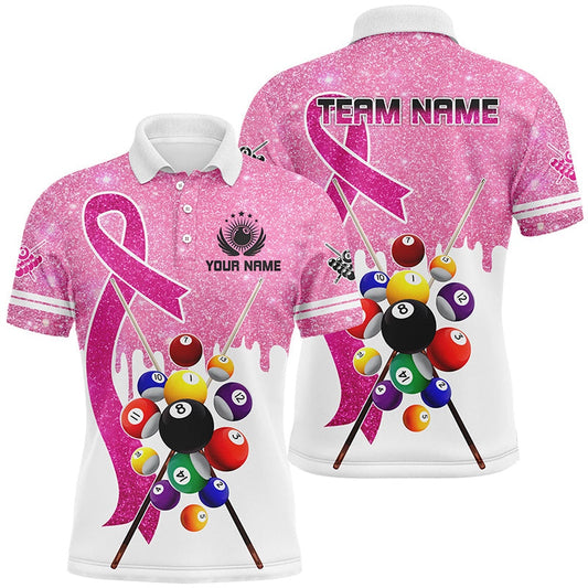 Pink Ribbon Billiard Balls Breast Cancer Awareness Pool Shirts Custom Billiard Polo, Billiard Team Polo Shirts