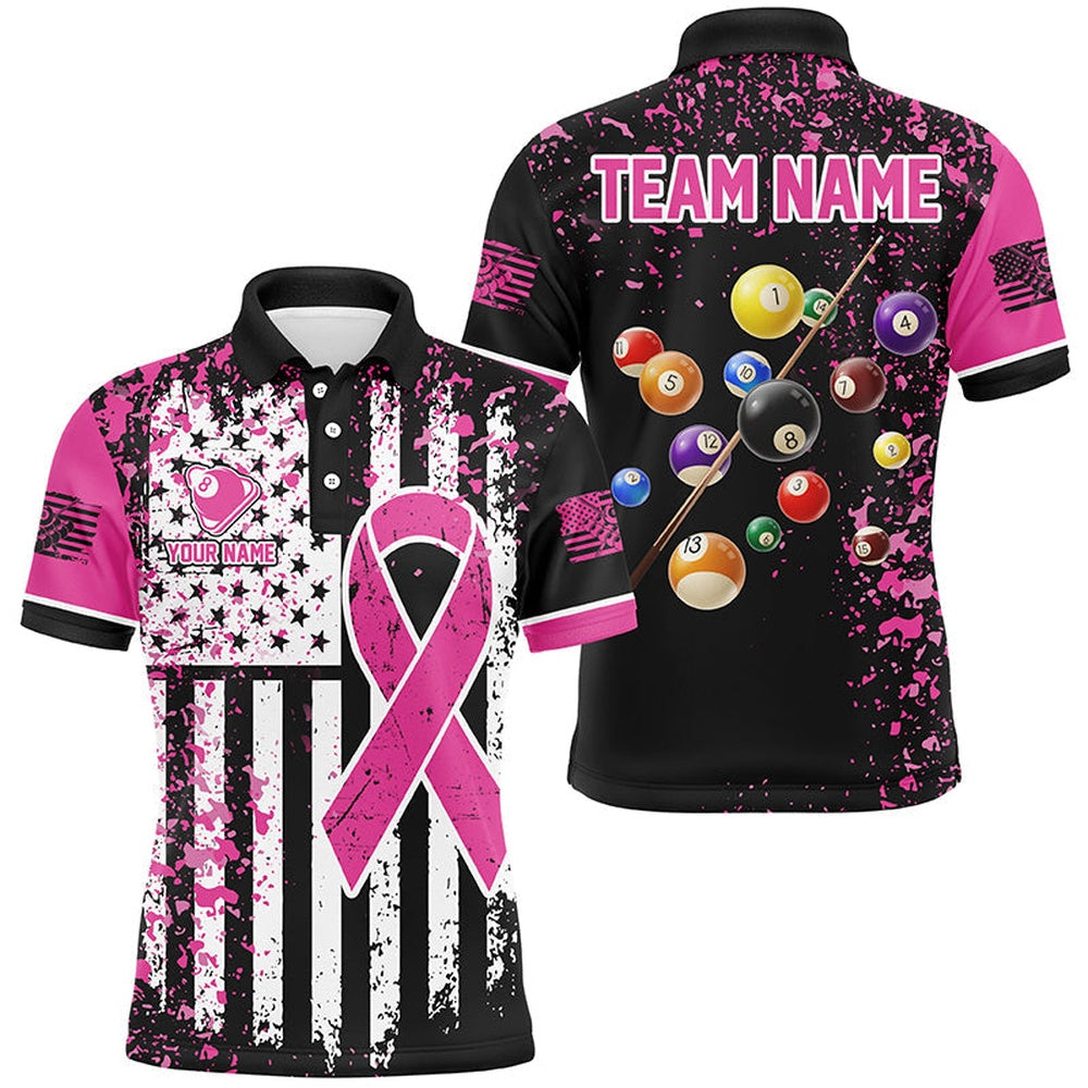 Pink Ribbon Black Grunge American Flag Custom Billiard Shirt, Breast Cancer Billiard Polo, Billiard Team Polo Shirts