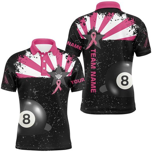 Pink Ribbon Breast Cancer Billiard Shirts Custom 8 Ball Pool Grunge Black Billiard Polo, Billiard Team Polo Shirts