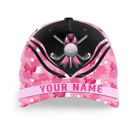 Pink Ribbon Golf Ball Clubs Golfer Hat Custom Breast Cancer Awareness Golf Hats, Gifts For Golfers, Golf Baseball Cap