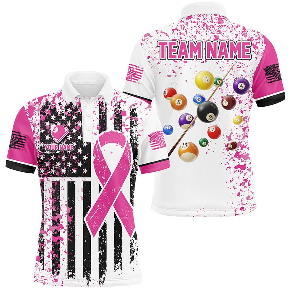 Pink Ribon White Grunge American Flag Custom Billiard Shirts, Breast Cancer Billiard Polo, Billiard Team Polo Shirts