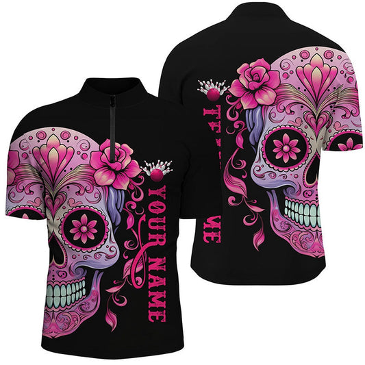Pink Sugar Skull Tattoo Custom Unisex Bowling Jersey Shirt, Halloween Team Bowling Jerseys , Bowling Jersey Shirt