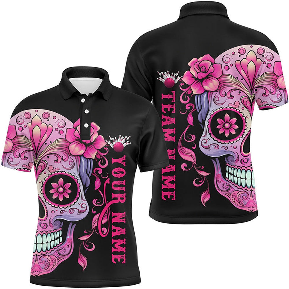 Pink Sugar Skull Tattoo Custom Unisex Team Bowling Polo Shirts, Halloween Team Bowling Polo, Bowling Team Shirts