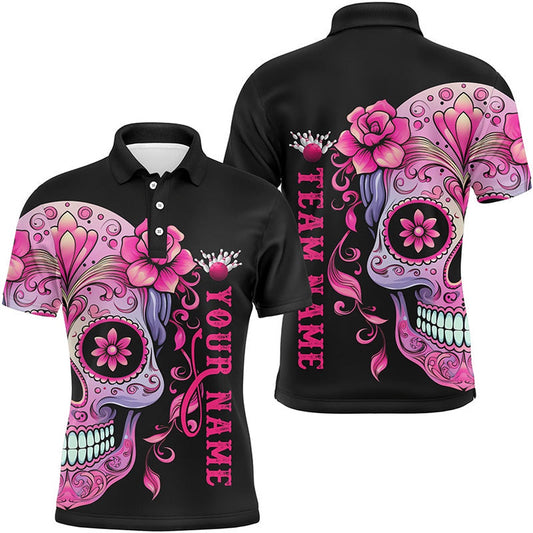Pink Sugar Skull Tattoo Custom Unisex Team Bowling Polo Shirts, Halloween Team Bowling Polo, Bowling Team Shirts