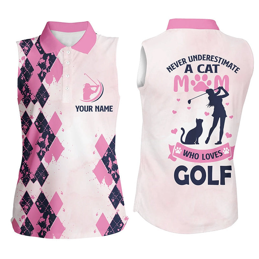 Pink Womens Sleeveless Polo Shirt Custom Never Underestimate A Cat Mom Who Loves Golf Gift For Mom, Women Golf Shirts