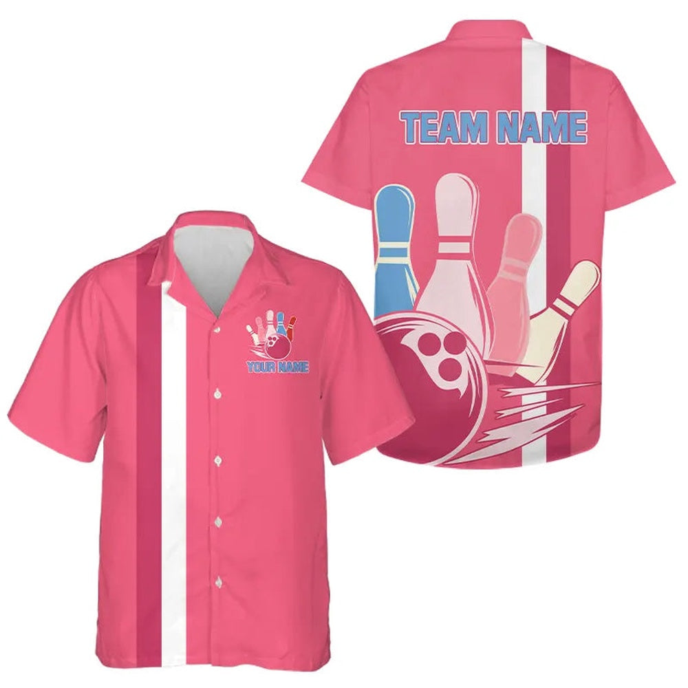 Pinkretro Bowling Hawaiian Shirt, Custom Team Button Up Shirts, Vintage Bowling Uniform, Bowling Team Hawaiian