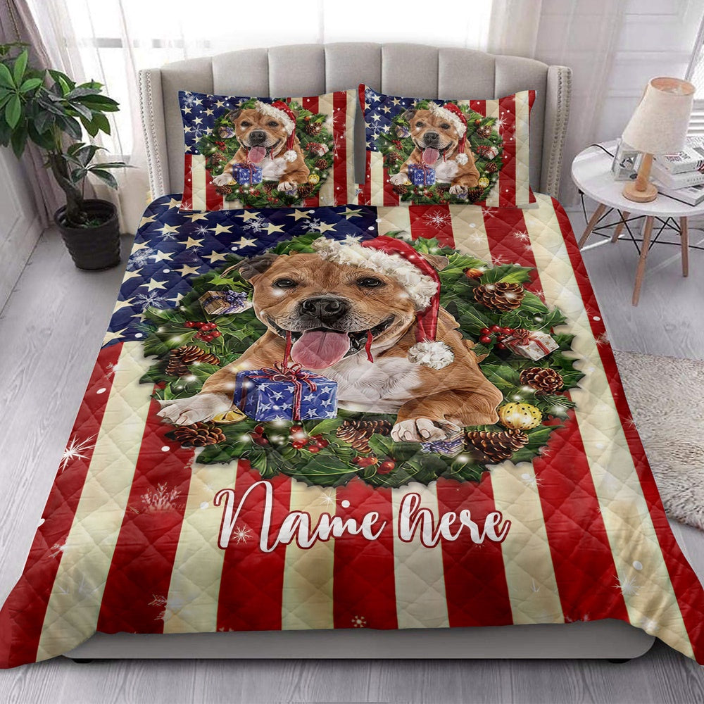 Pitbull Wearingmas Hat Wreath Bedding Set, Christmas Beddings, Xmas Bedding Sets
