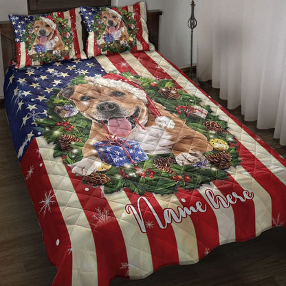 Pitbull Wearingmas Hat Wreath Bedding Set, Christmas Beddings, Xmas Bedding Sets