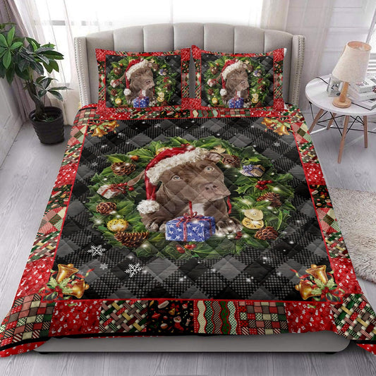 Pitbull Wearingmas Hat Wreath Dog Bedding Set, Christmas Beddings, Xmas Bedding Sets
