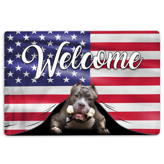 Pitbull Welcome Doormat, Funny Pitbull Dog Welcome American Flag USA Patriotic Patriotic Welcome Doormat, Pets Home Decor Door Mat