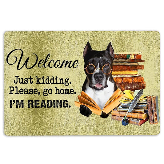 Pitbull Welcome Doormat, Pitbull Dog And Book Please Go Home I'm Reading Welcome Doormat, Pets Home Decor Door Mat