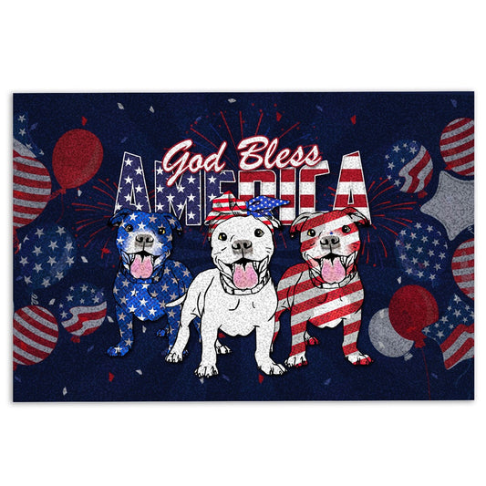 Pitbull Welcome Doormat, Pitbull Dog God Bless America Patriotic 4th of July Independence Welcome Doormat, Pets Home Decor Door Mat