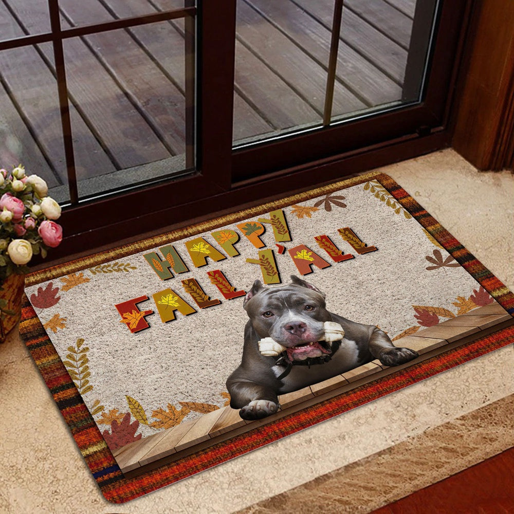 Pitbull Welcome Doormat, Pitbull Dog Happy Fall Y'all Pumpkin Spice Maple Leaf Welcome Doormat, Pets Home Decor Door Mat