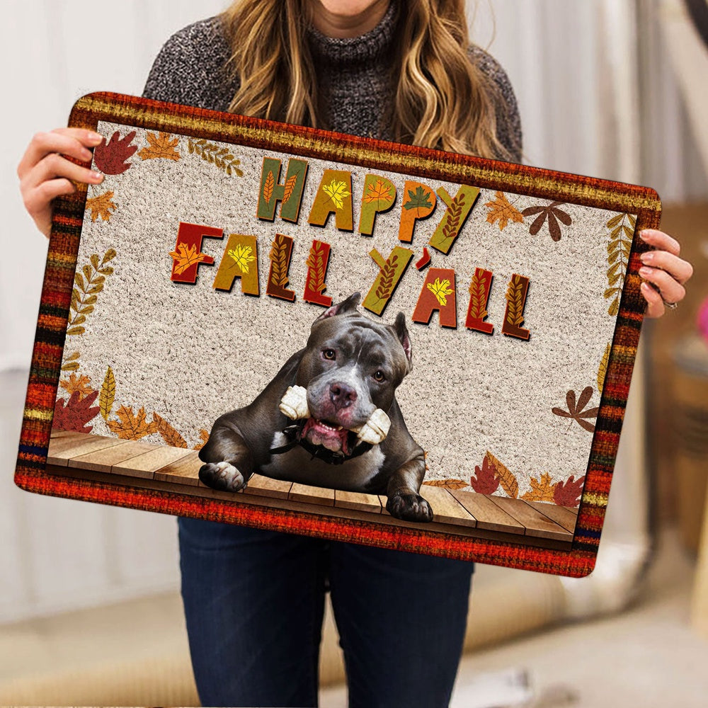 Pitbull Welcome Doormat, Pitbull Dog Happy Fall Y'all Pumpkin Spice Maple Leaf Welcome Doormat, Pets Home Decor Door Mat