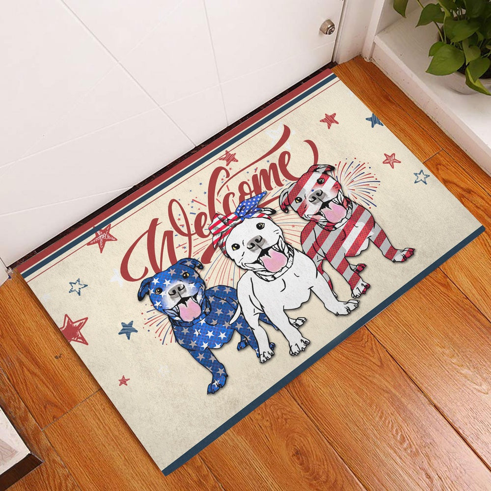 Pitbull Welcome Doormat, Pitbull Dog Patriotic American 4Th of July Independence Day Welcome Doormat, Pets Home Decor Door Mat