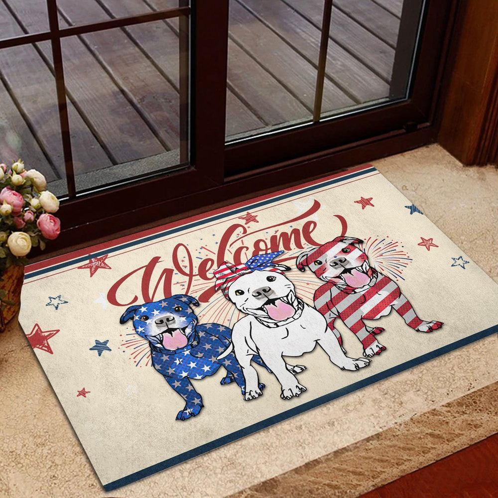 Pitbull Welcome Doormat, Pitbull Dog Patriotic American 4Th of July Independence Day Welcome Doormat, Pets Home Decor Door Mat