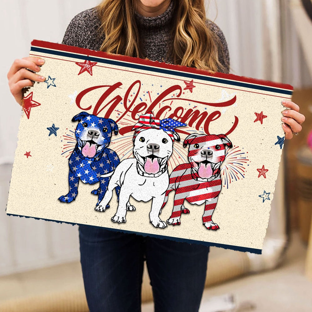 Pitbull Welcome Doormat, Pitbull Dog Patriotic American 4Th of July Independence Day Welcome Doormat, Pets Home Decor Door Mat