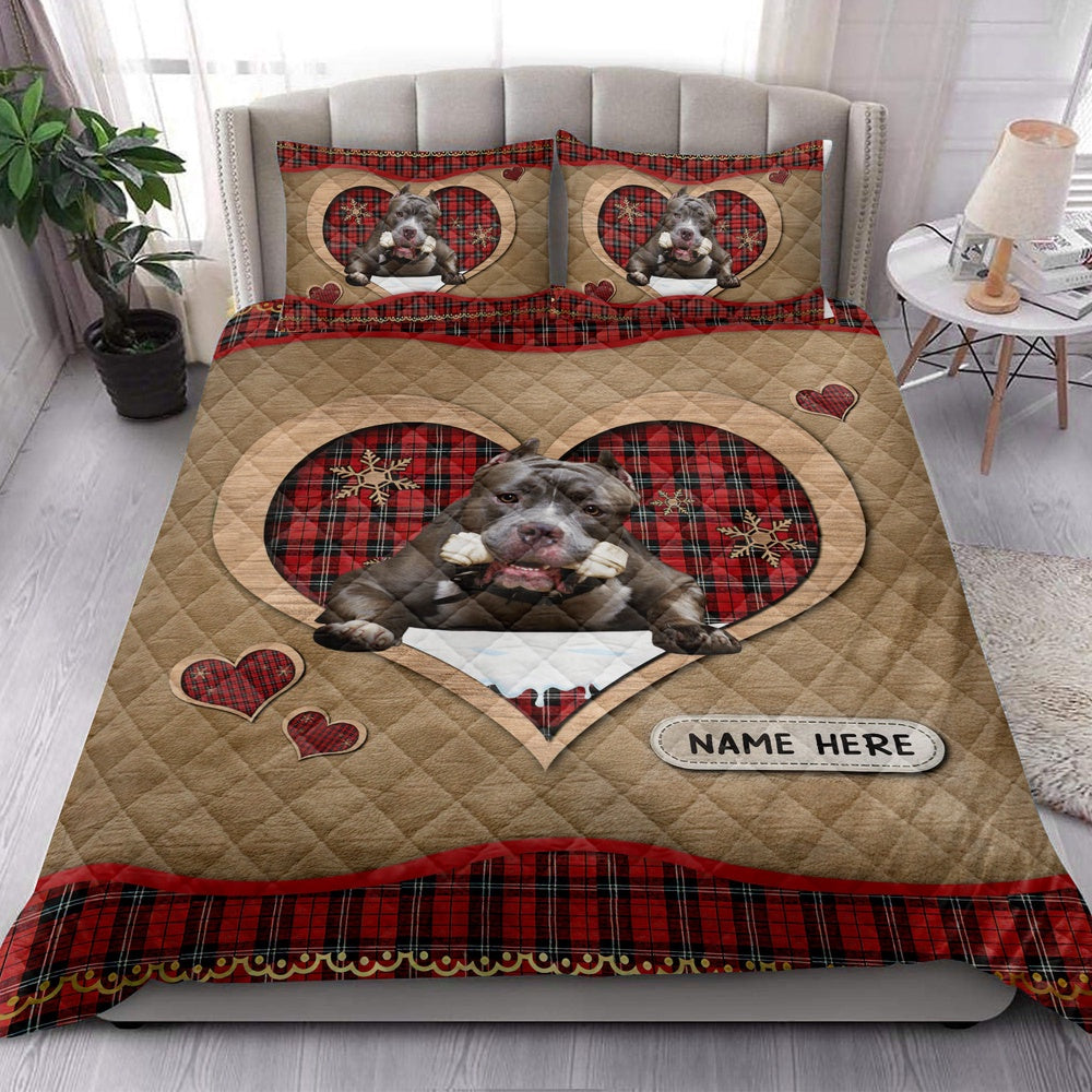 Pitbullmas Heart Red Plaid Bedding Set, Christmas Beddings, Xmas Bedding Sets