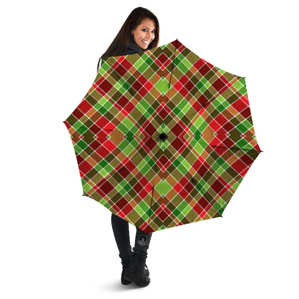 Plaid Merry Christmas Print Pattern Umbrella, Christmas Umbrella, Xmas Umbrella