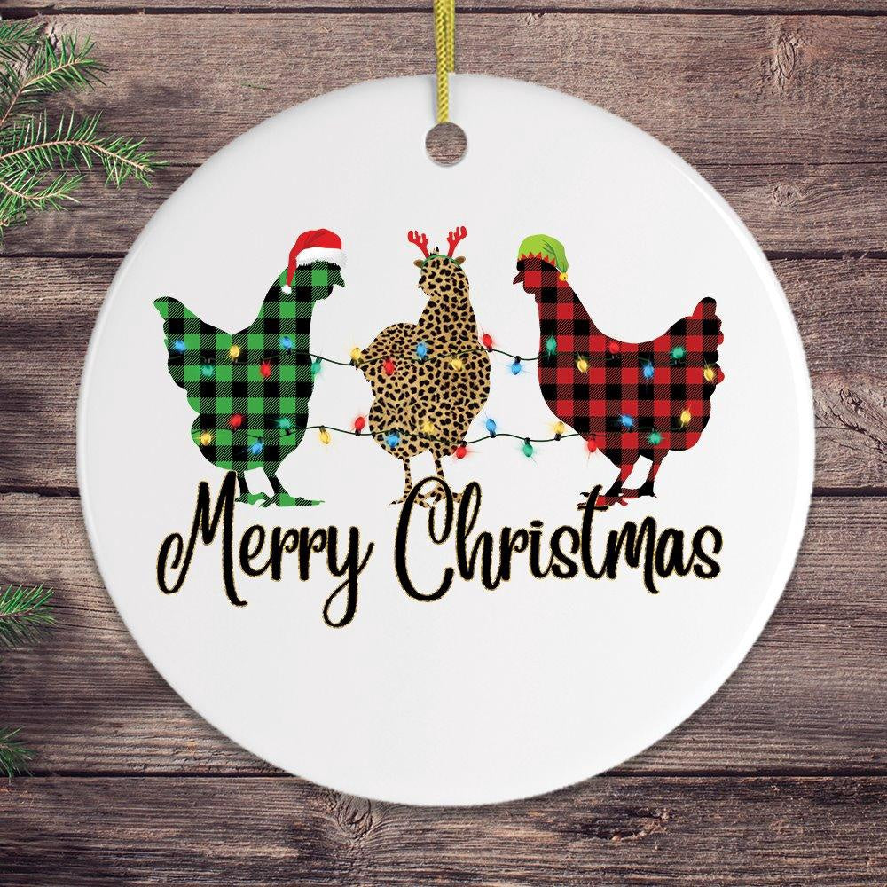 Plaid Rooster Merry Christmas Ornament, Christmas Ornament