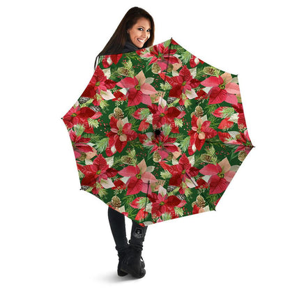 Poinsettia Christmas Vintage Print Pattern Umbrella, Christmas Umbrella, Xmas Umbrella