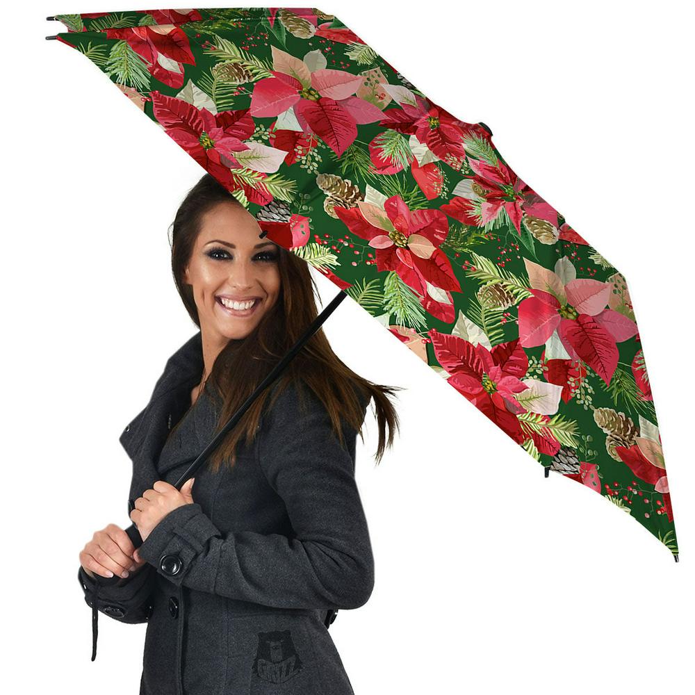 Poinsettia Christmas Vintage Print Pattern Umbrella, Christmas Umbrella, Xmas Umbrella