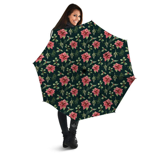 Poinsettia Christmas Watercolor Print Pattern Umbrella, Christmas Umbrella, Xmas Umbrella