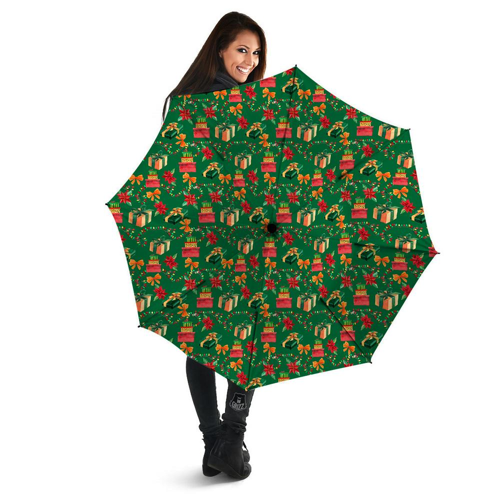 Poinsettia Cute Christmas Print Pattern Umbrella, Christmas Umbrella, Xmas Umbrella