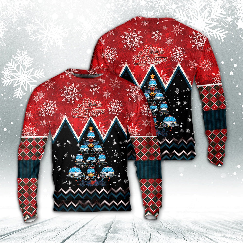 Police Car Christmas Tree Sweater, Christmas Ugly Sweater, Sweater Xmas, Ugly Sweater