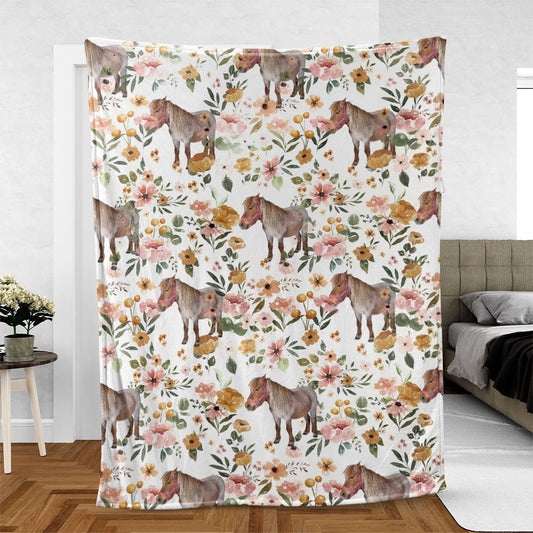 Ponies Horse Floral Pattern Blanket, Farm Blanket, Farm Animal Blanket