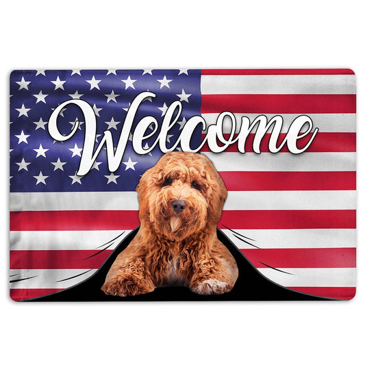 Poodle Welcome Doormat, Funny Poodle Dog Welcome American Flag USA Patriotic Welcome Doormat, Pets Home Decor Door Mat