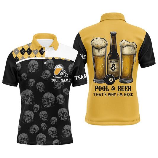 Pool & Beer That's Why I'm Here Custom Billiard Shirts, Yellow Black Drinking Billiard Polo, Billiard Team Polo Shirts