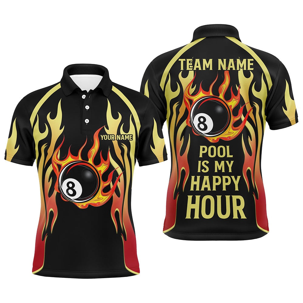 Pool Is My Happy Hour Billiard Shirts, 8 Ball Fire Flame Custom Black Billiard Polo, Billiard Team Polo Shirts