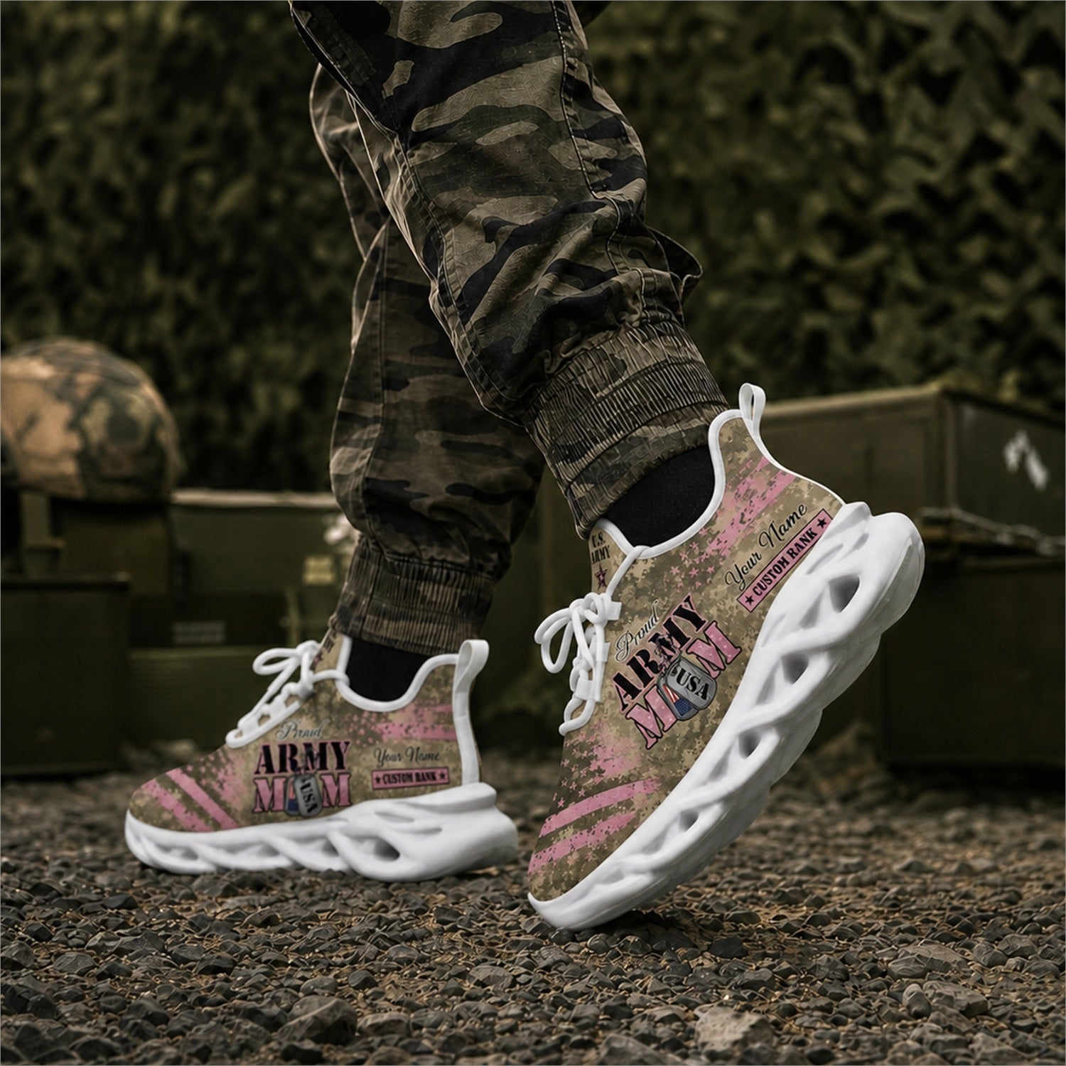 Custom Name Proud Army Mom Pink Camo Max Soul Shoes, Veteran Sneaker