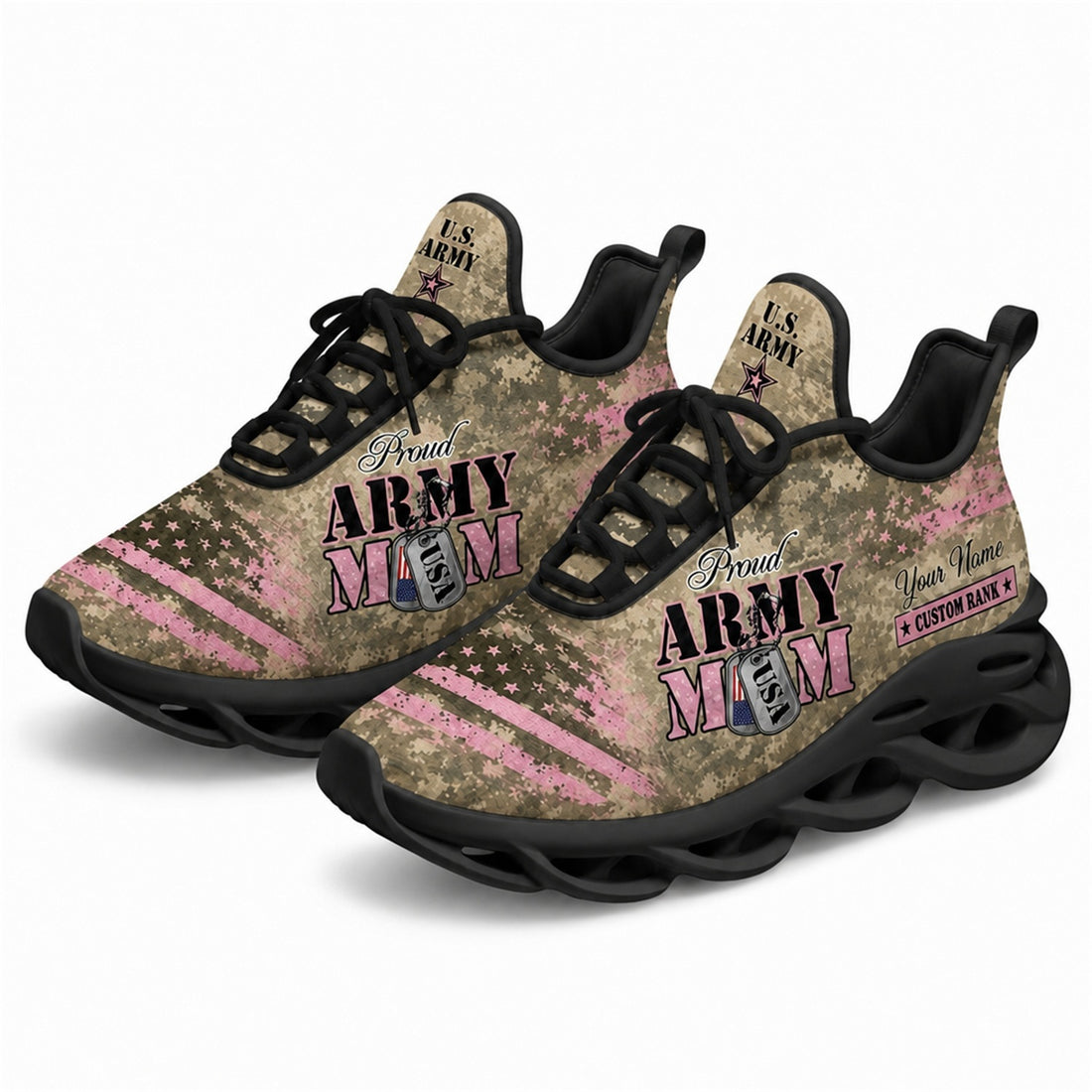Custom Name Proud Army Mom Pink Camo Max Soul Shoes, Veteran Sneaker