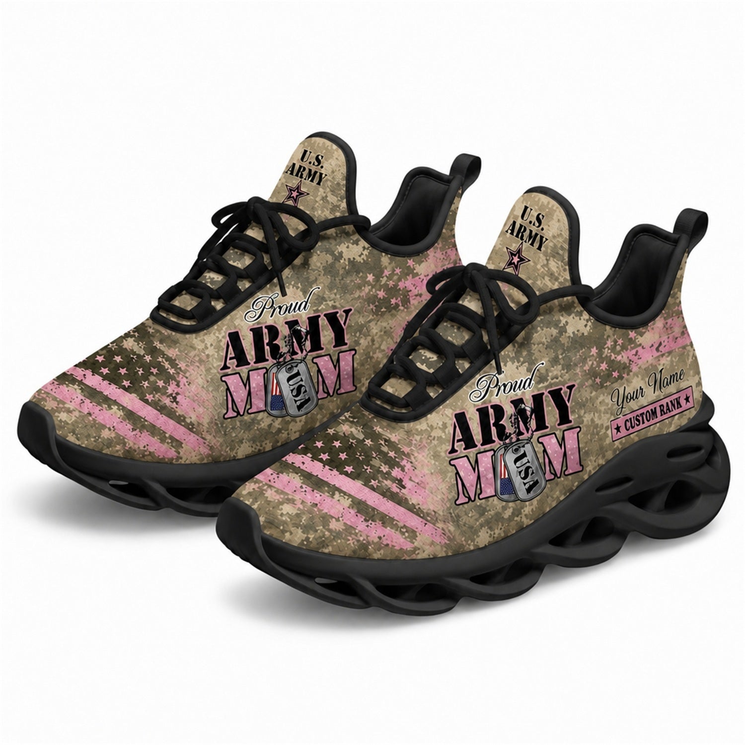 Custom Name Proud Army Mom Pink Camo Max Soul Shoes, Veteran Sneaker