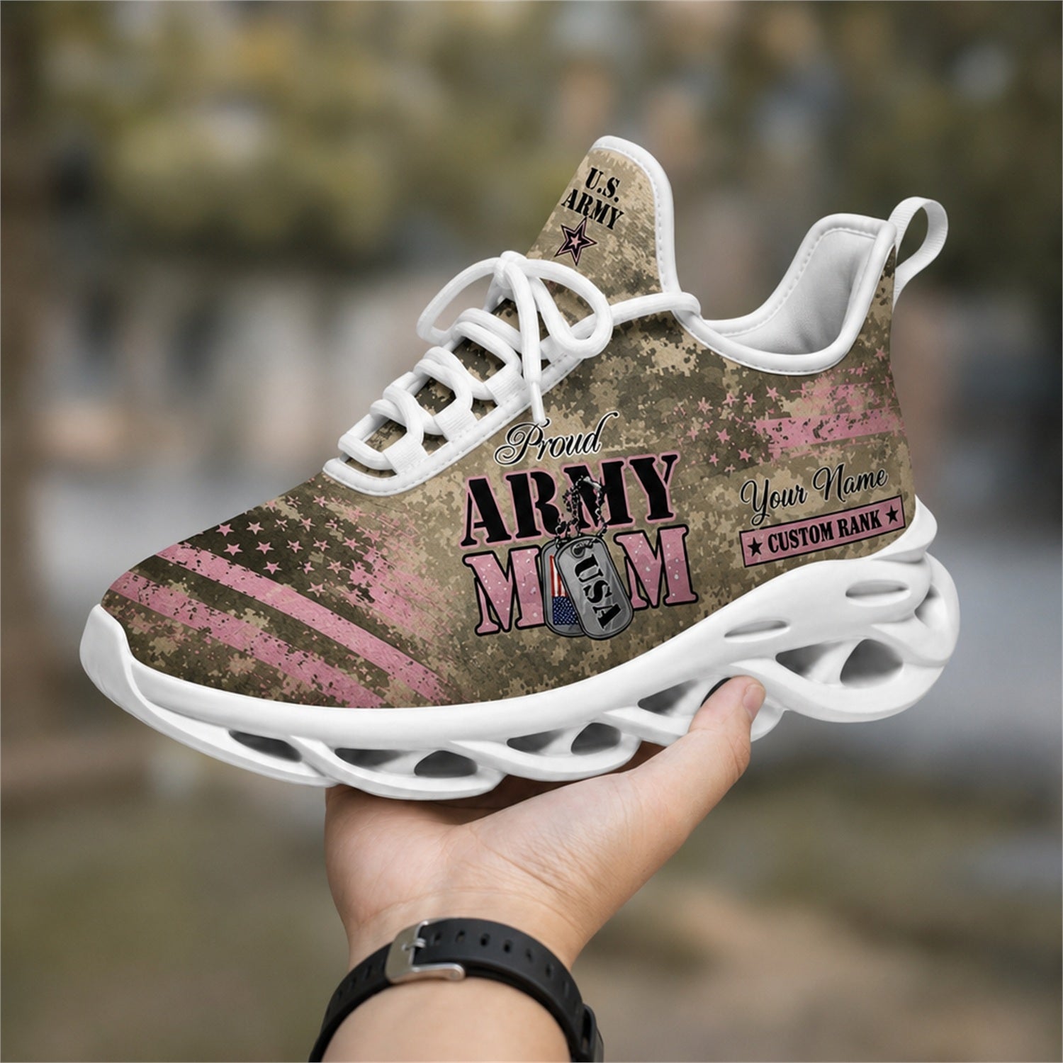Custom Name Proud Army Mom Pink Camo Max Soul Shoes, Veteran Sneaker