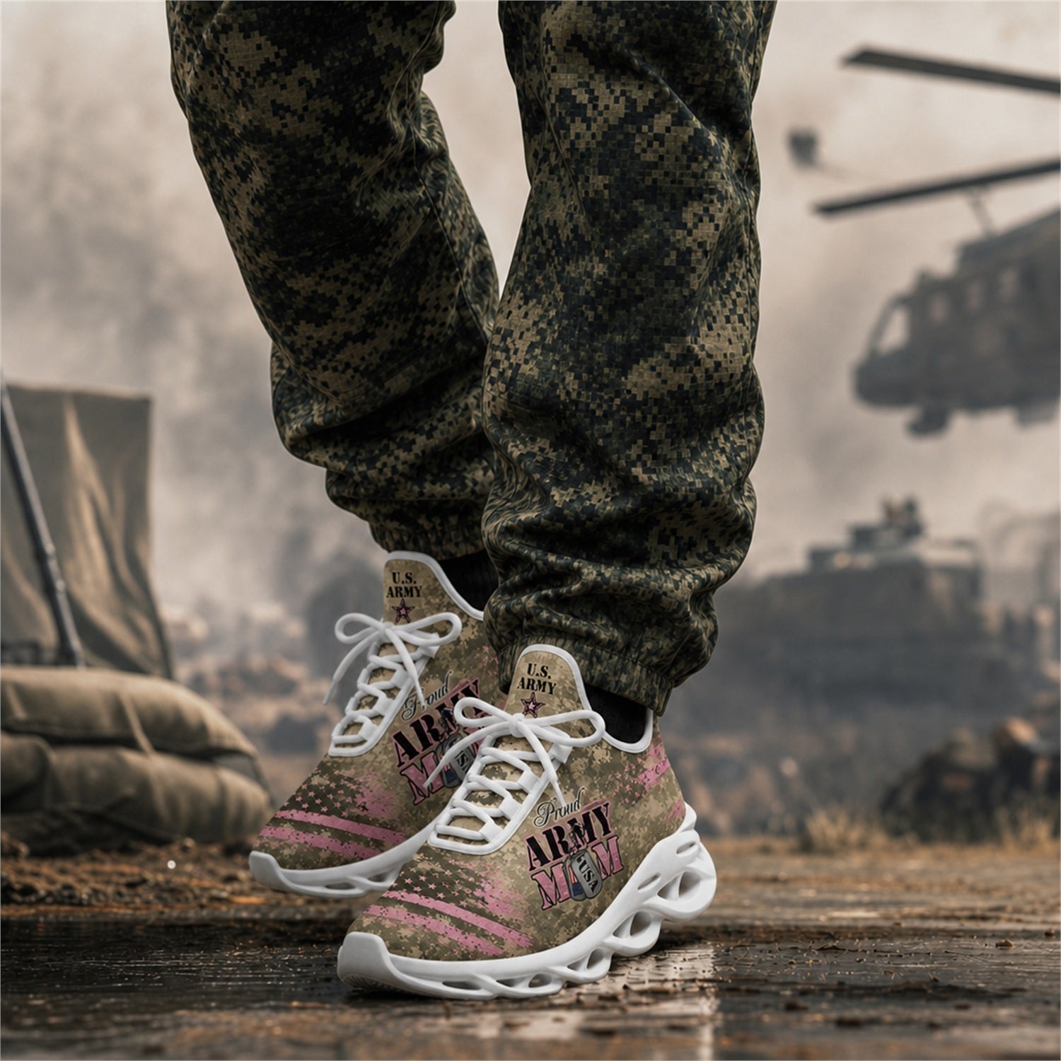 Custom Name Proud Army Mom Pink Camo Max Soul Shoes, Veteran Sneaker