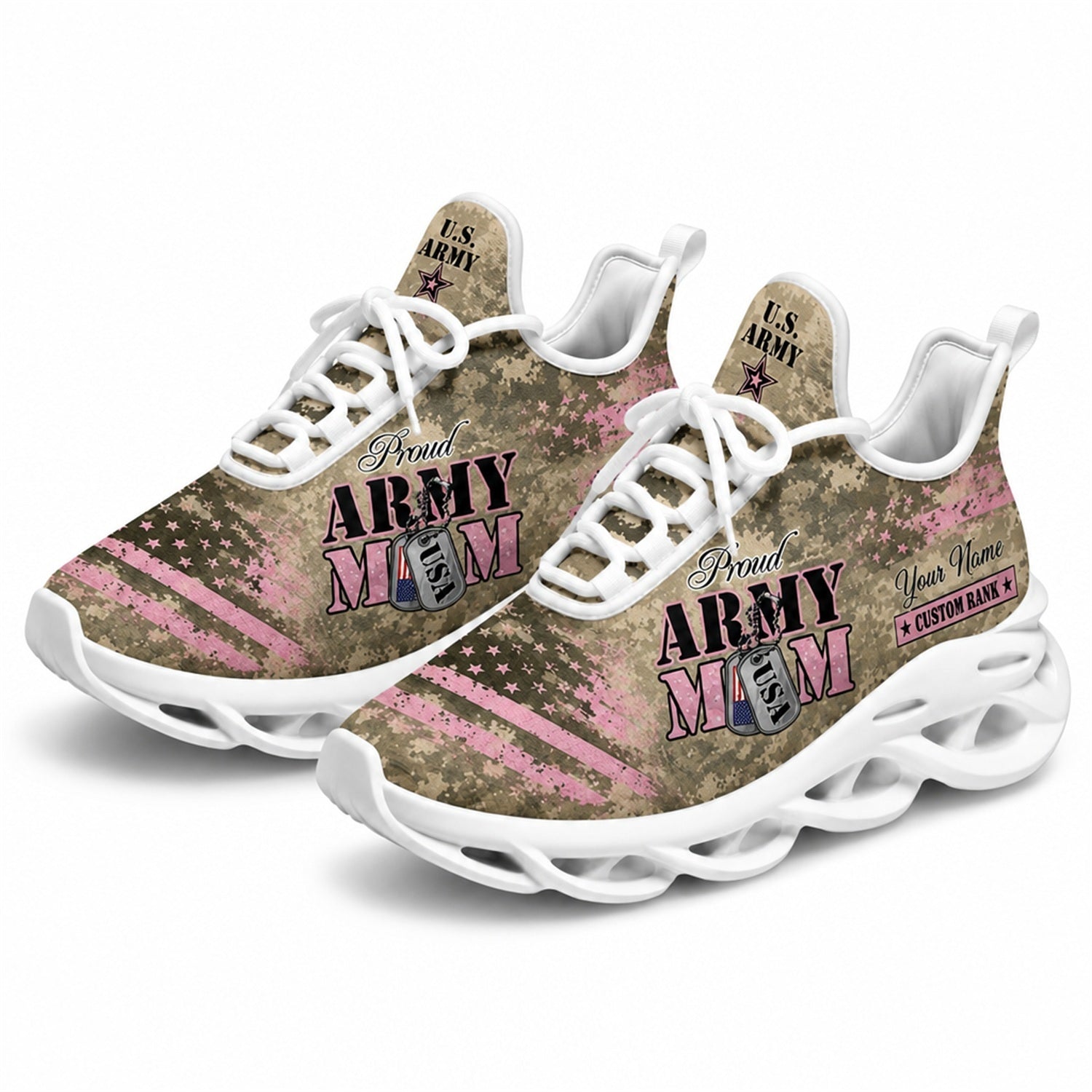Custom Name Proud Army Mom Pink Camo Max Soul Shoes, Veteran Sneaker