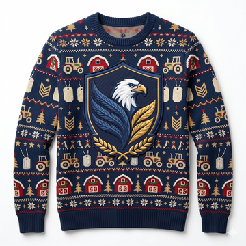 A navy blue ugly Christmas sweater featuring a central patriotic eagle shield logo mixed with veteran dog tags, military chevrons, farm tractors, and red barns pattern, isolated on a white background