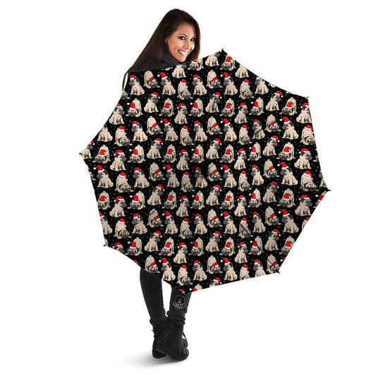 Pug Christmas Santa Print Pattern Umbrella, Christmas Umbrella, Xmas Umbrella