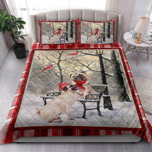 Pug Hellomas Snowflake Winter Park Cardinal Holiday Bedding Set, Christmas Beddings, Xmas Bedding Sets
