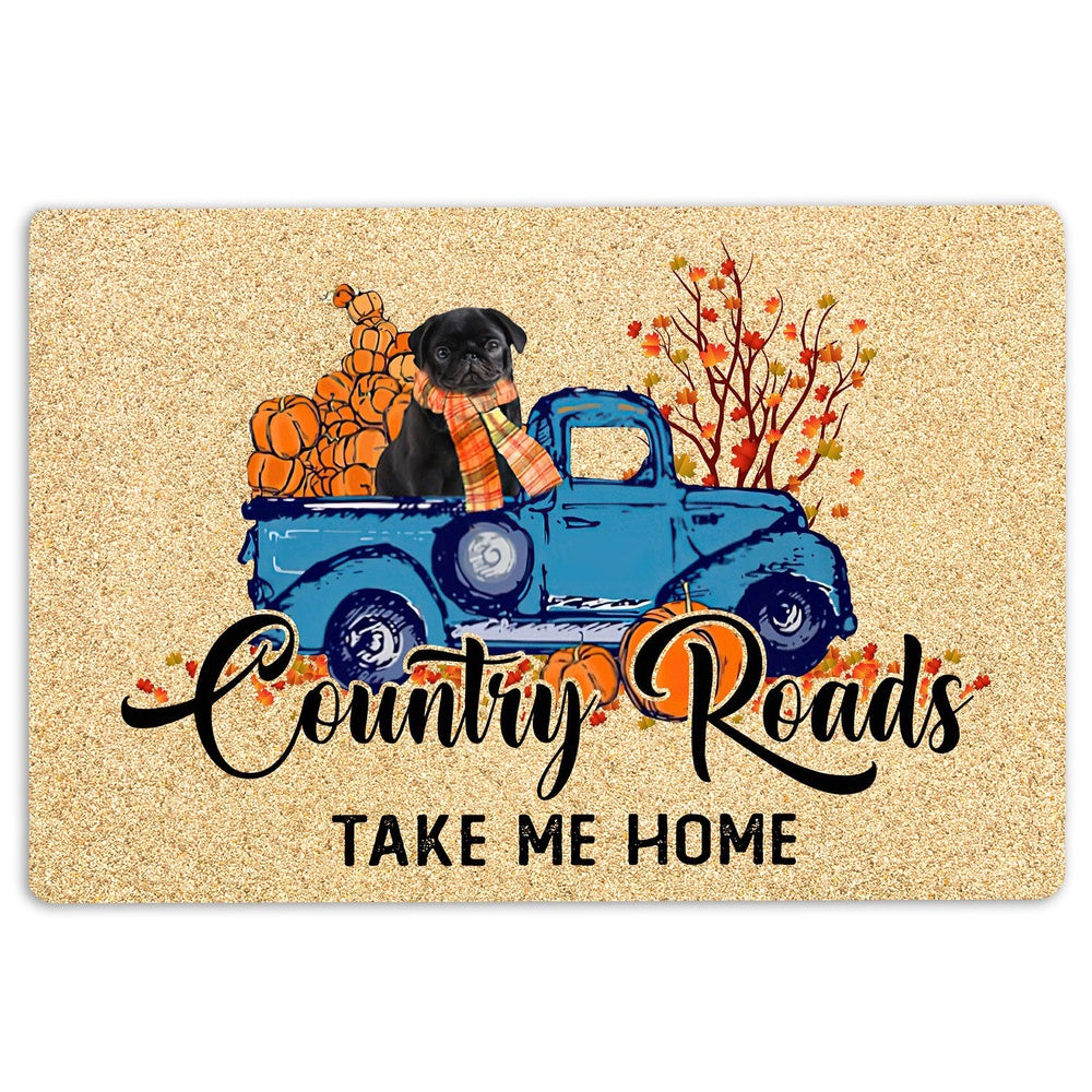 Pug Welcome Doormat, Black Pug Country Road Take Me Home Fall Pumpkins Autumn Welcome Doormat, Pets Home Decor Door Mat