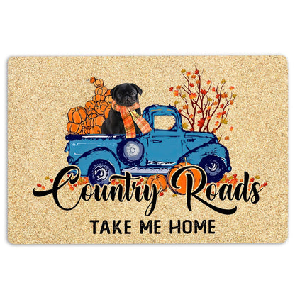 Pug Welcome Doormat, Black Pug Country Road Take Me Home Fall Pumpkins Autumn Welcome Doormat, Pets Home Decor Door Mat